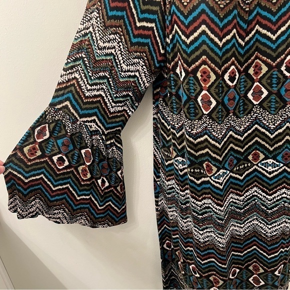 WOMEN’S Boho Retro Long Sleeve Bell Sleeve Abstract Print Dress - Picture 4 of 6